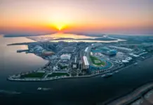 Miral and Etihad Rail plan Yas Island shuttle connections Aerial view of Yas Island and its waterfront at sunset.